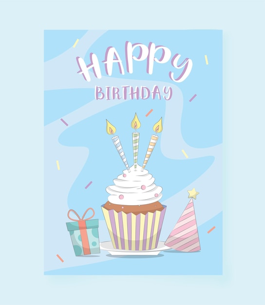 Vettore gratuito scheda di buon compleanno decorata con cupcake e candele