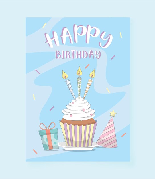 カップケーキとキャンドルで飾られたお誕生日おめでとうカード