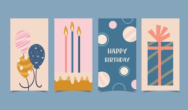 Set di carte di buon compleanno decorato con candele, torte, scatole regalo e palloncini