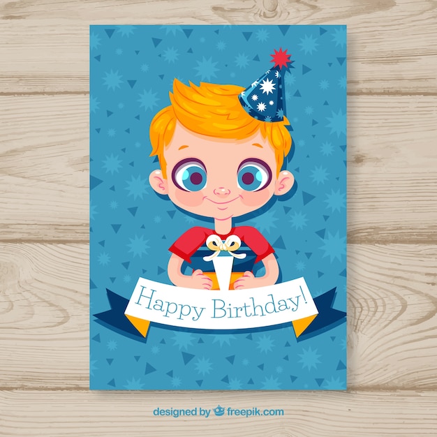 Free vector happy birthday card with boy in flat style