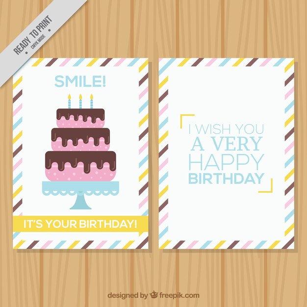 Happy birthday card with cake in flat design