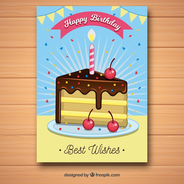 Free vector happy birthday card with cake in flat style