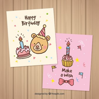Happy birthday card with cake in hand drawn style