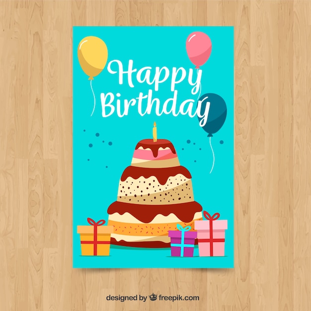 Happy birthday card with cake in hand drawn style