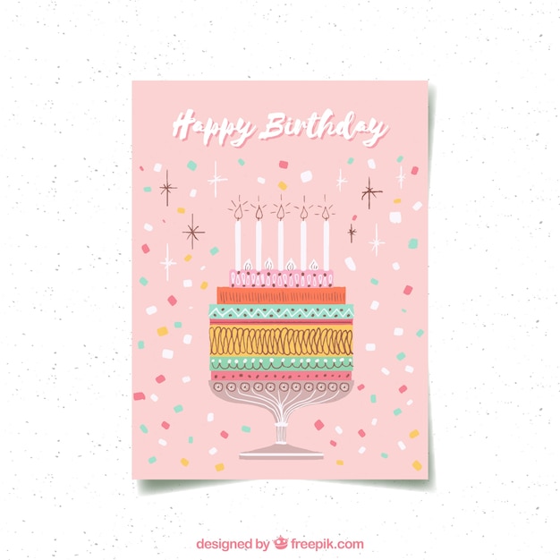 Happy birthday card with cake in hand drawn style