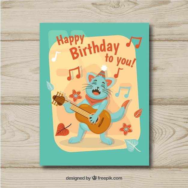 Happy birthday card with cat in flat style