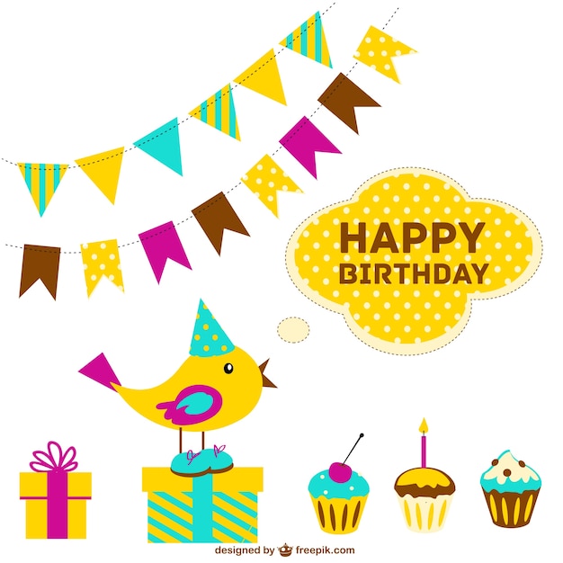 Free vector happy birthday card with colorful garlands and cupcakes