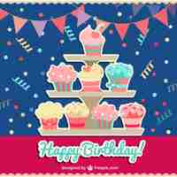 Free vector happy birthday card with cupcakes