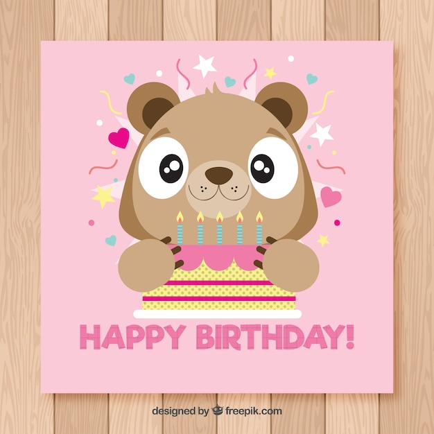 Free vector happy birthday card with cute bear in flat style