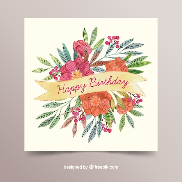 Happy birthday card with flowers in watercolor style