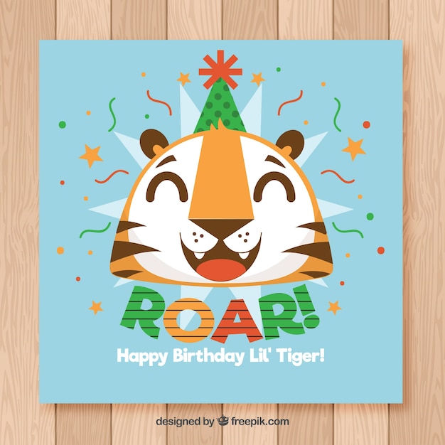 Free vector happy birthday card with funny tiger in flat style