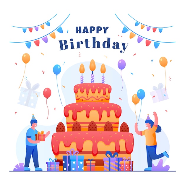 Free vector happy birthday card with giant birthday cake