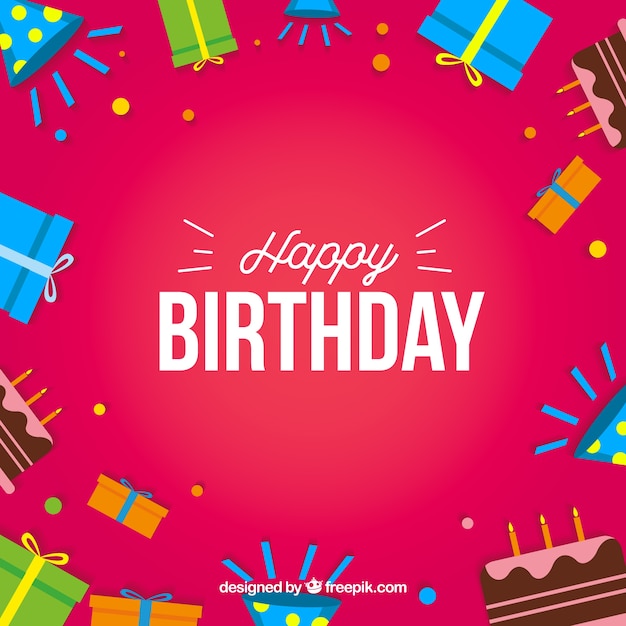 Free vector happy birthday card with gifts box and cakes