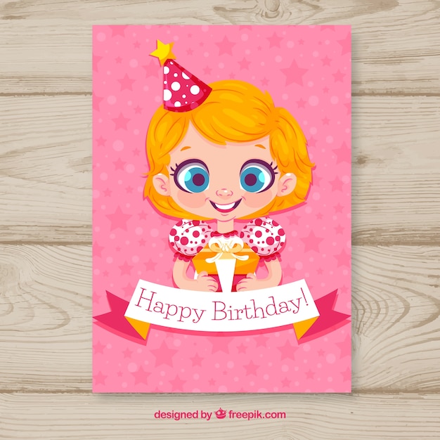 Free vector happy birthday card with girl in flat style