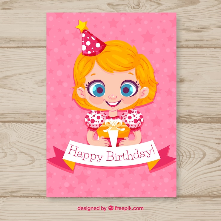 Free Vector happy birthday card with girl in flat style