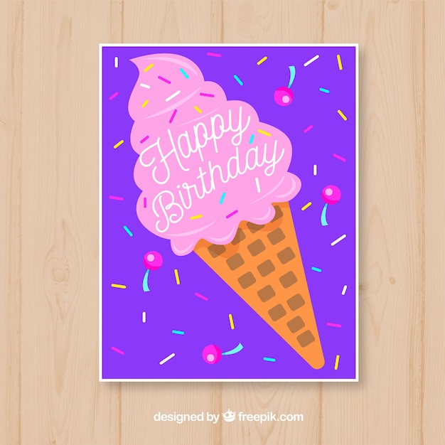 Happy birthday card with ice cream in flat style