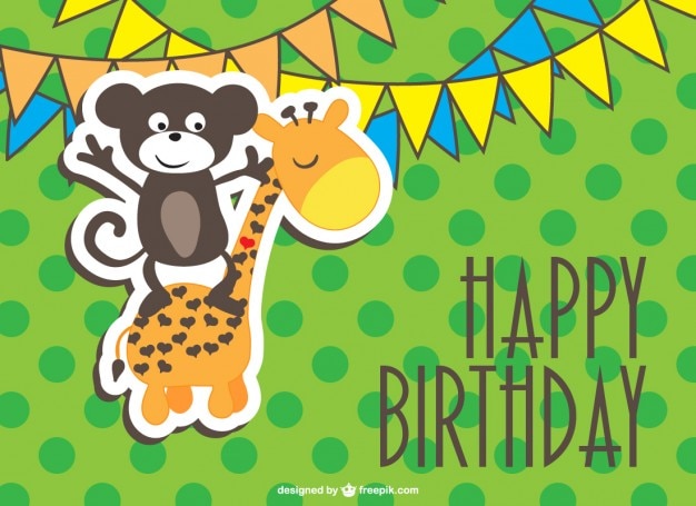 Happy birthday card with a monkey and a giraffe