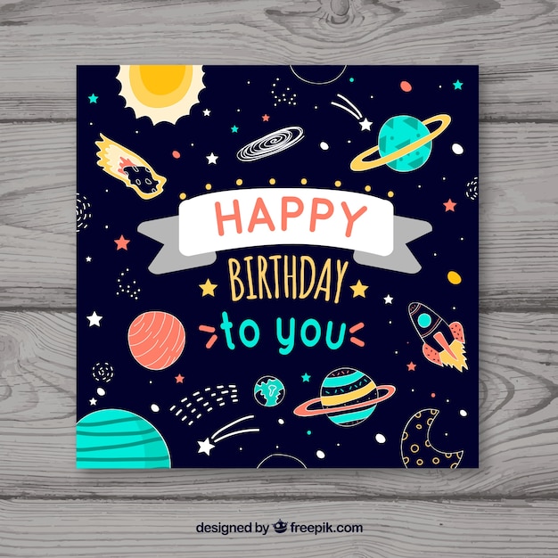 Happy birthday card with planets in flat style
