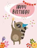 Free vector happy birthday card with raccoon in the cap