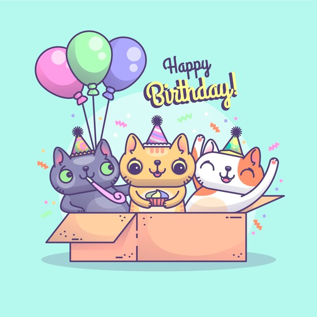 かわいい猫との幸せな誕生日 無料のベクター