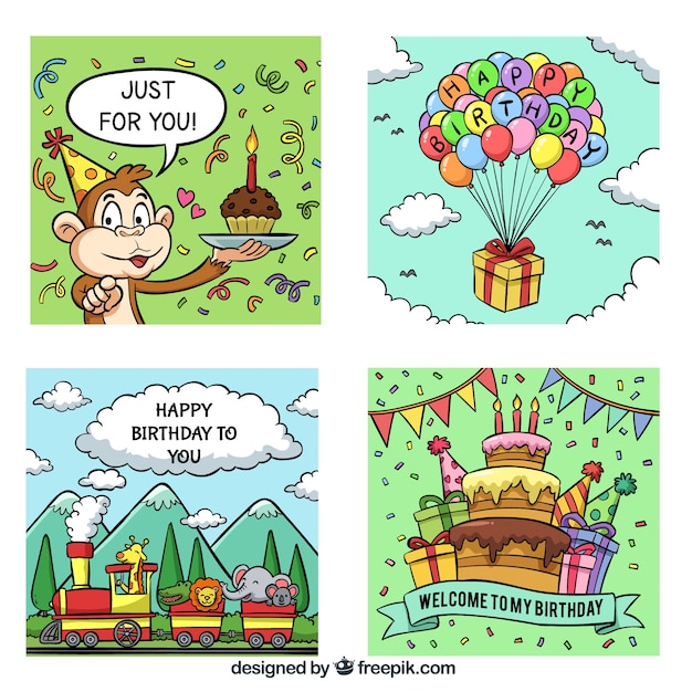 Free vector happy birthday cards collection in hand drawn style