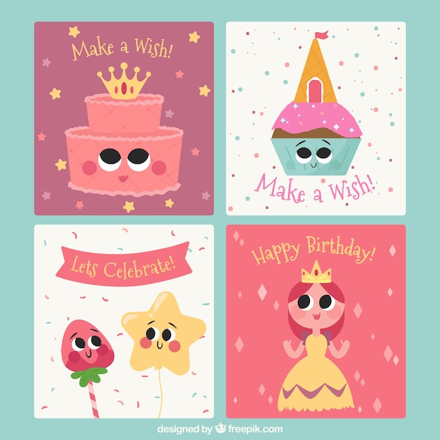 Raccolta di carte di buon compleanno con illustrazioni carine