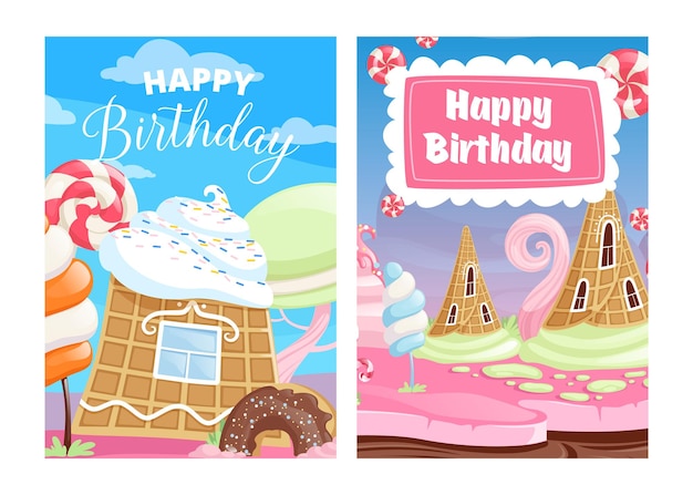 Открытки с днем рождения. сладкие конфеты, торт леденцы на палочке мороженое мультфильм векторный фон. открытка с леденцом на палочке, приглашение на день рождения