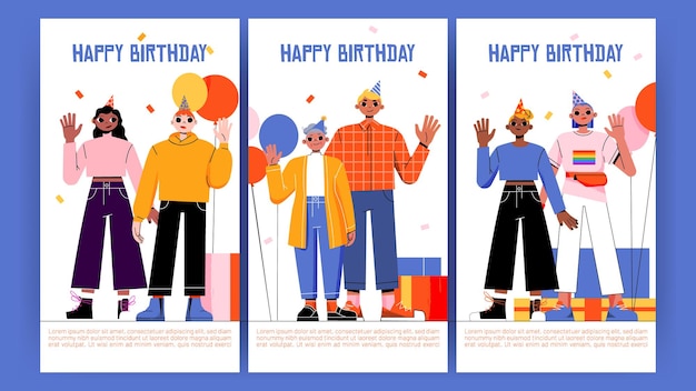 Free vector happy birthday cards with diverse people