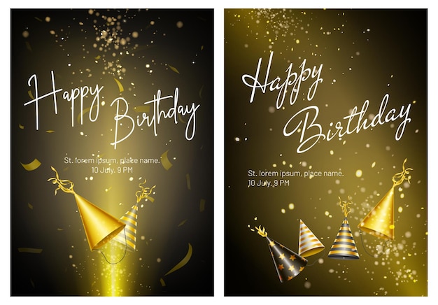Free vector happy birthday cards with golden party hats