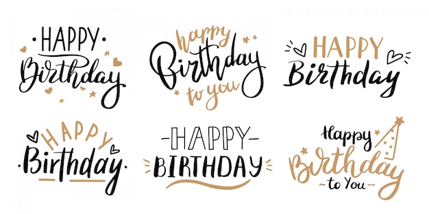 Happy birthday celebration concept. greeting birthday party lettering with celebration hand drawn elements, decorative invitation card  set. anniversary black and gold handwritten inscription