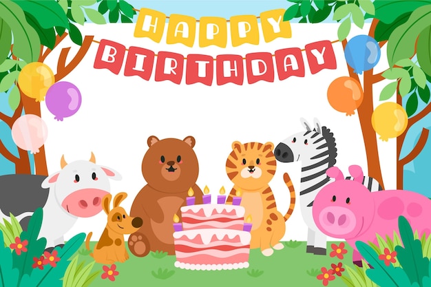 Vettore gratuito sfondo di bambini di buon compleanno con gli animali