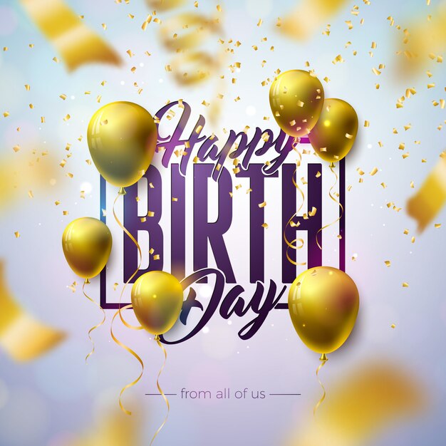 Happy Birthday Design with Balloon, Typography Letter and Falling Confetti on Light Background.