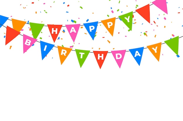 Free vector happy birthday flag decoration with falling confetti