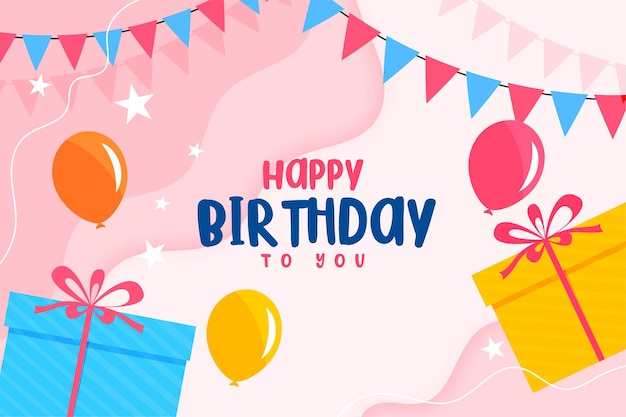 Happy birthday flat card with balloons and gift boxes