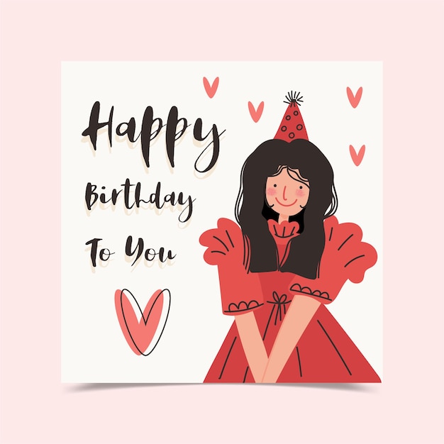 Happy birthday greeting card decorated with girl in red dress
