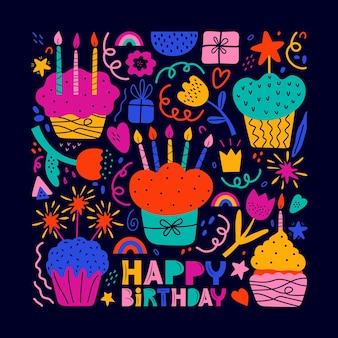ポップアート​スタイル​の​お​誕生日​おめでとう​グリーティングカード​黒​の​背景​に​カラフル​な​抽象的​な​形​と​要素​bday​ケーキ​ギフト​花​ハート​ゴールデンクラウンスタースカンジナビアスタイル​の​ベクトル図