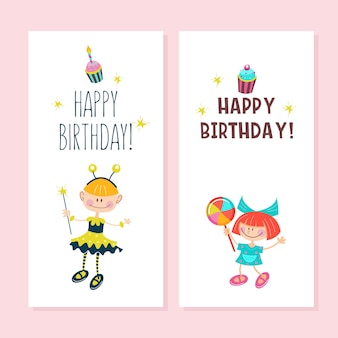 Happy birthday. greeting cards. cute girls having fun and delicious cakes with candles. vector clipart.