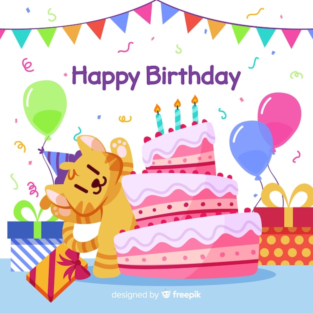 С днем рождения иллюстрация с тортом и воздушными шарами