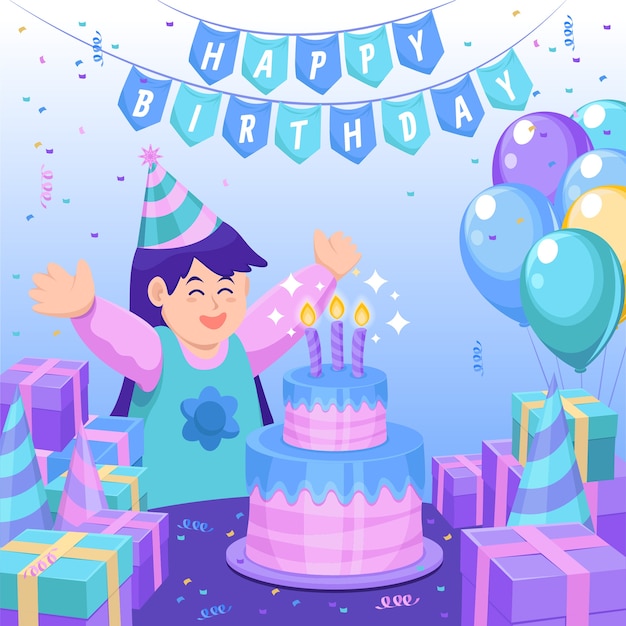 Free vector happy birthday illustration with girl and cake