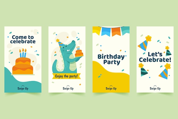 Free vector happy birthday instagram stories template with dinosaur