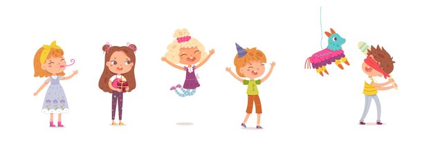 С днем рождения дети празднуют на вечеринке Милые дети с подарками маленькие мальчики и девочки улыбаются и прыгают на белом фоне