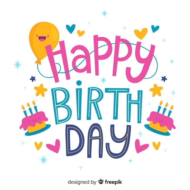 Бесплатное векторное изображение С днем рождения надписи с воздушным шаром и торт