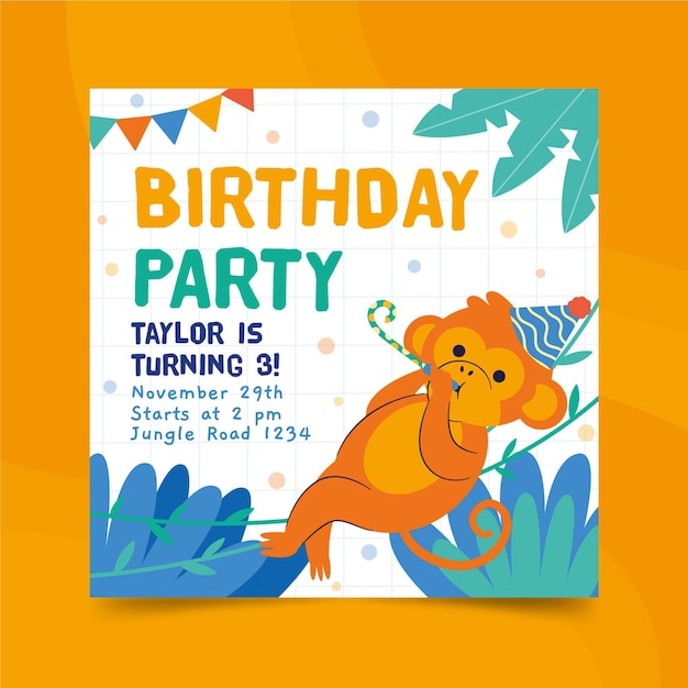 Free vector happy birthday monkey square flyer print template