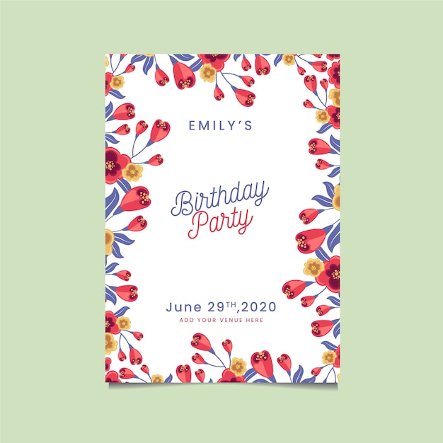 Free vector happy birthday party invitation with flowers