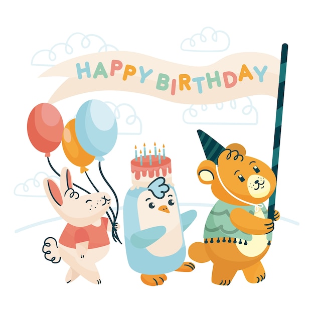 Free vector happy birthday party with wild animals