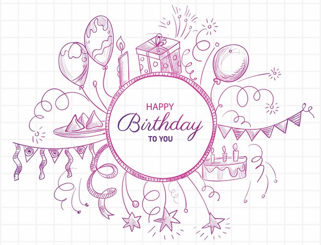 Happy birthday postcard colorful doodle sketch background