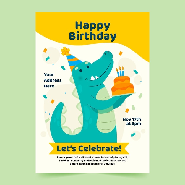 Шаблон плаката с днем рождения с динозавром