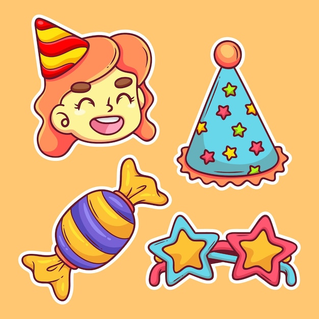 Free vector happy birthday sitckers set in hand drawn style