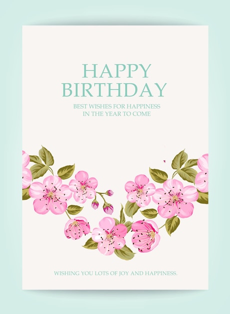 Happy birthday text card with romantic pink flowers over gray background Holiday card Template for your design Vector illustration