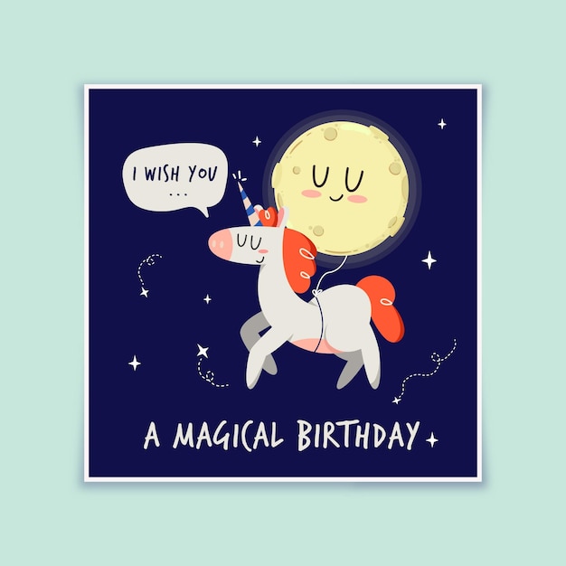 생일 축하 유니콘과 문 카드
